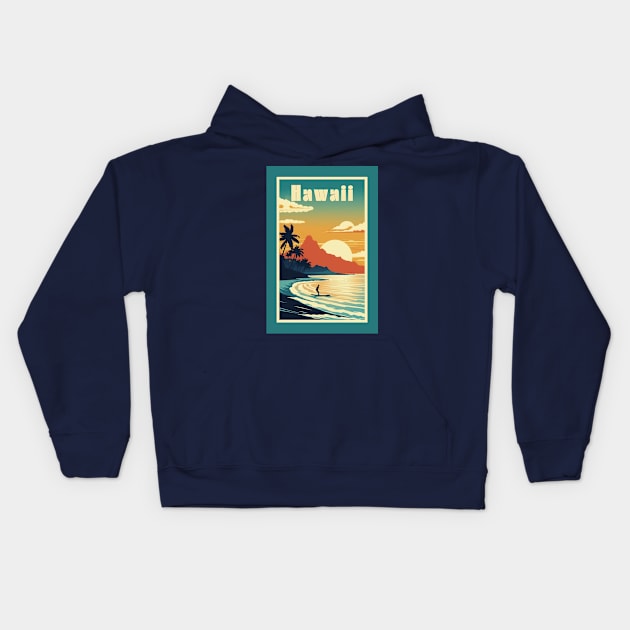 Hawaii Vintage Retro Travel Poster Kids Hoodie by GreenMary Design